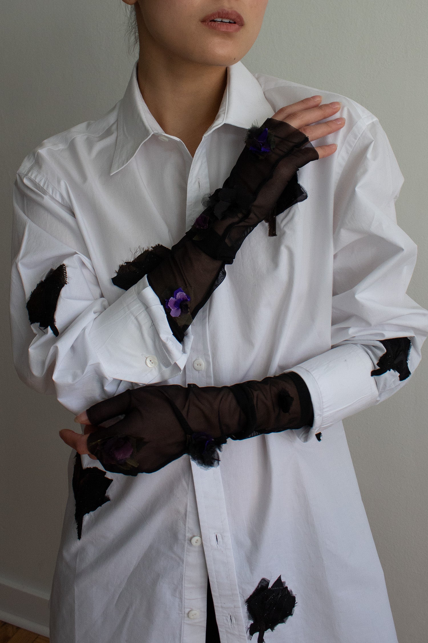 N° 90 crushed blooms fingerless gloves- nasu eggplant/sumi black