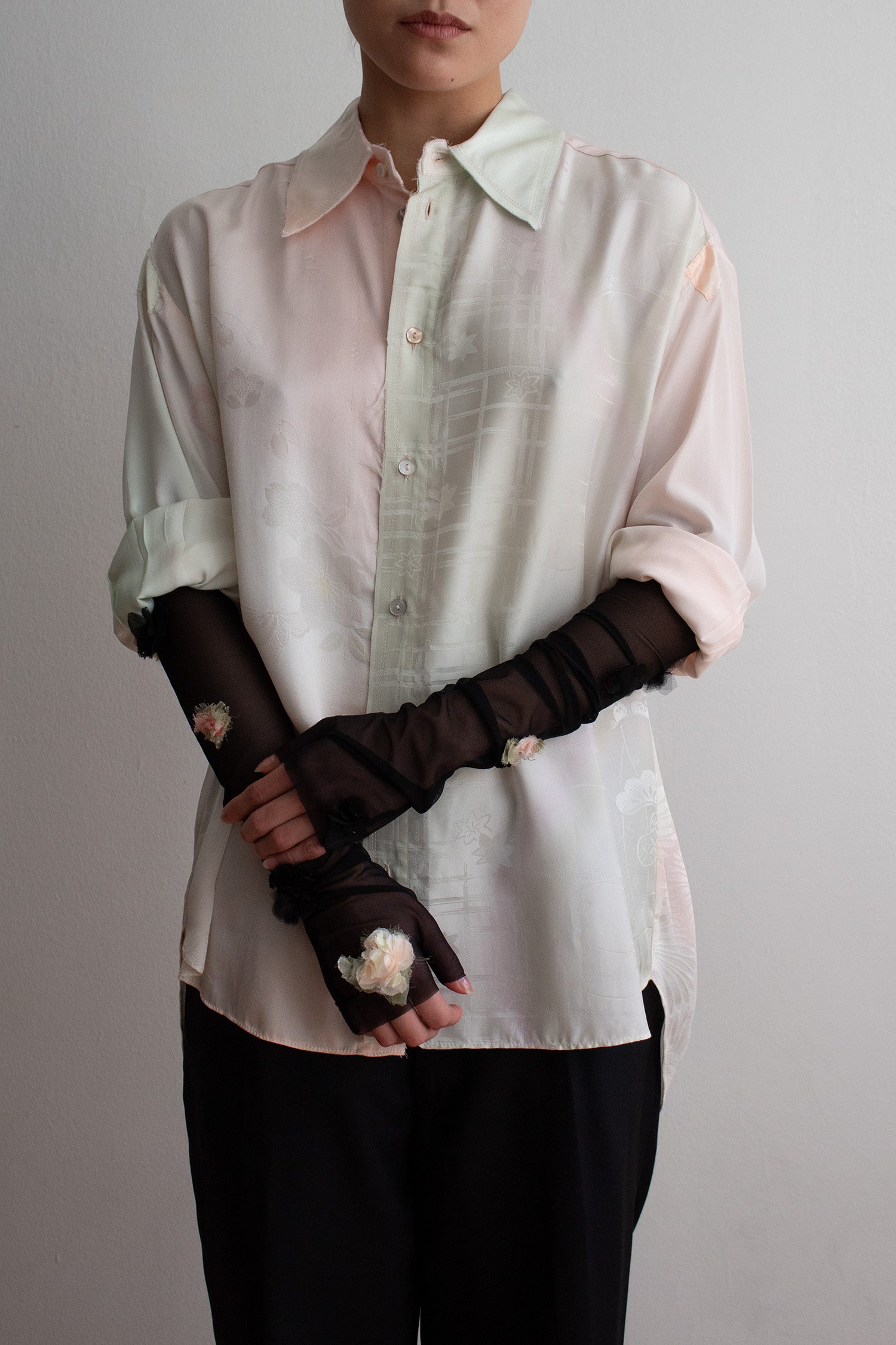 N° 90 crushed blooms fingerless gloves- ame pink / sumi black