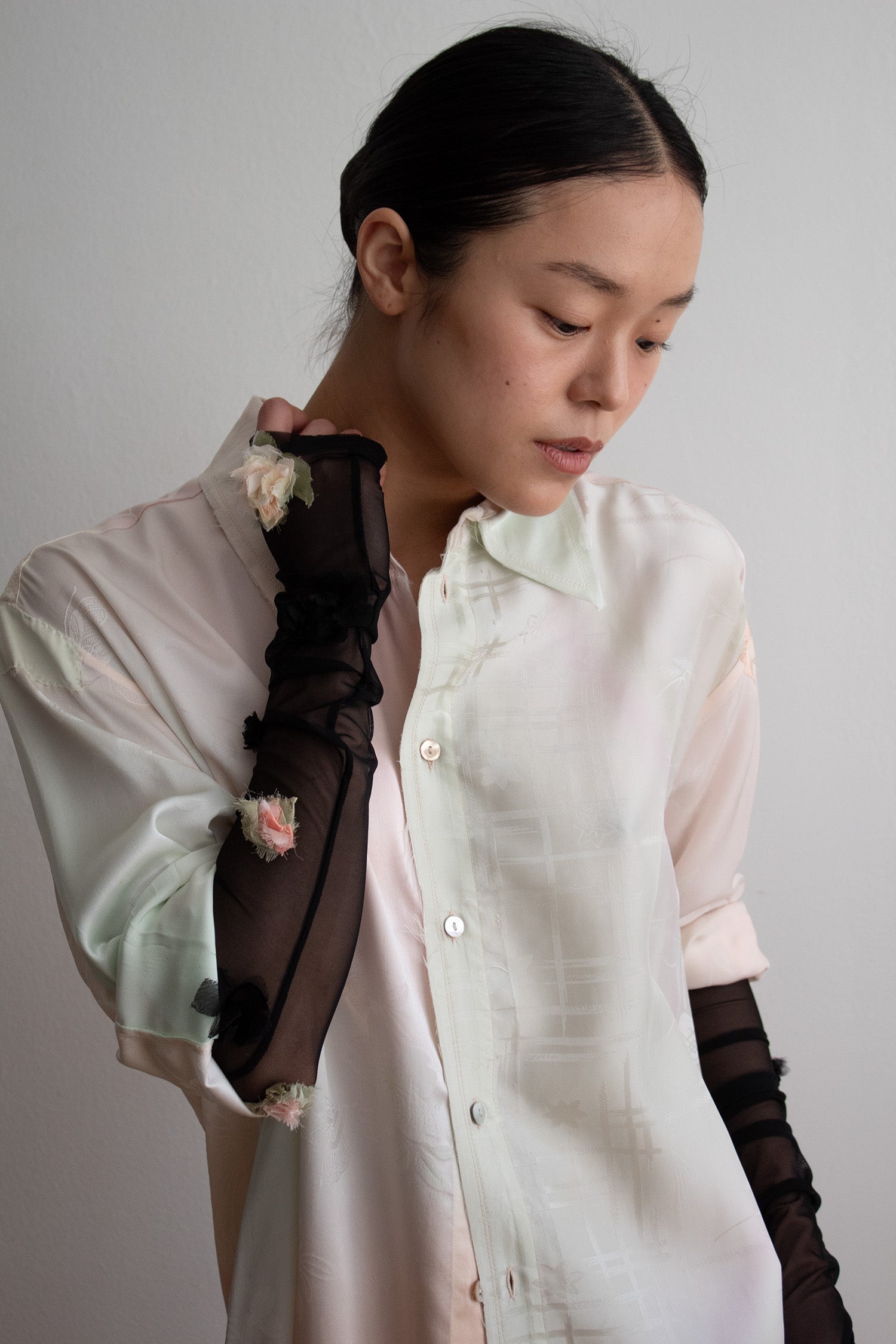 N° 90 crushed blooms fingerless gloves- ame pink / sumi black