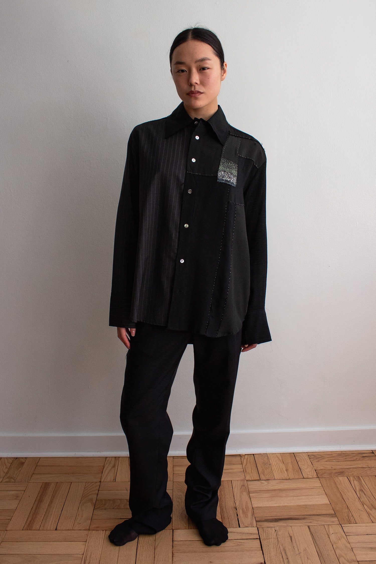 N° 225  paneled pinstripe haori shirt