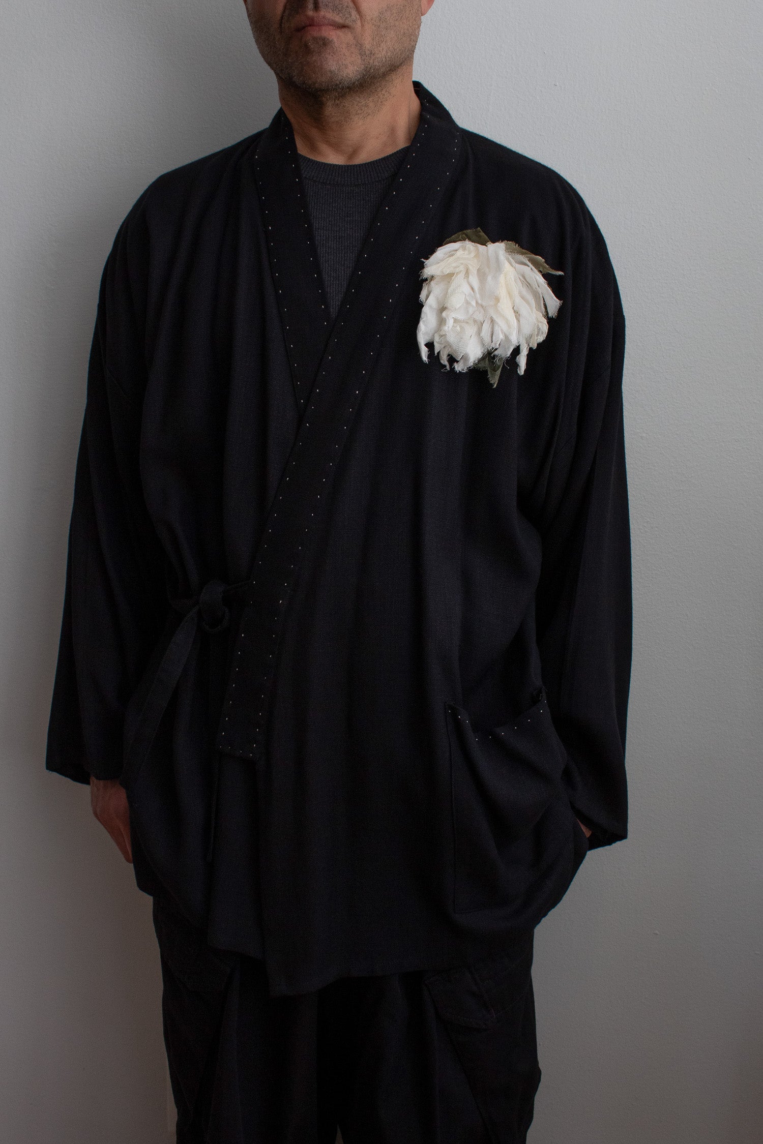 N° 373  hand-stitched haori linen jacket - sumi black