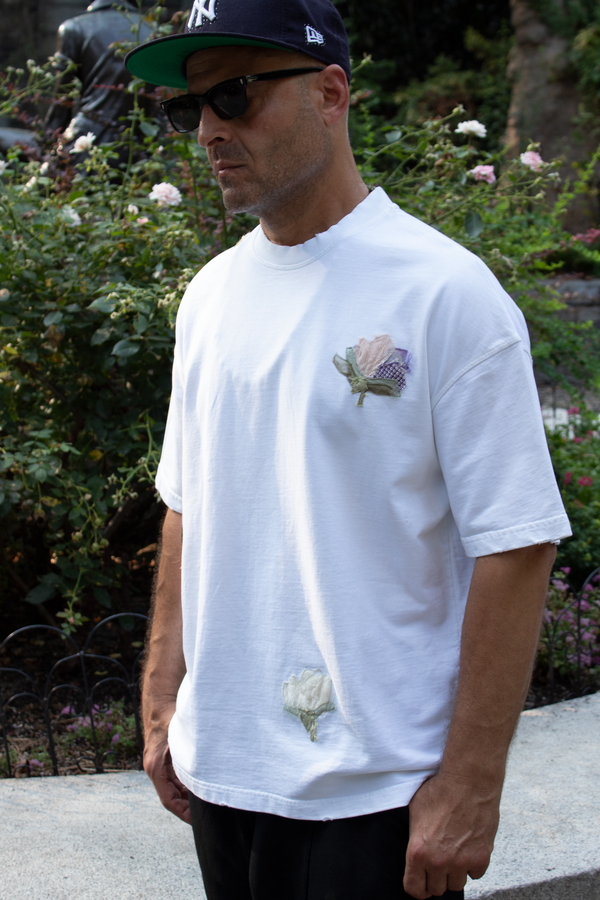 N° 352 multi-pressed flower distressed heavyweight T-shirt - yuki white (made to order)