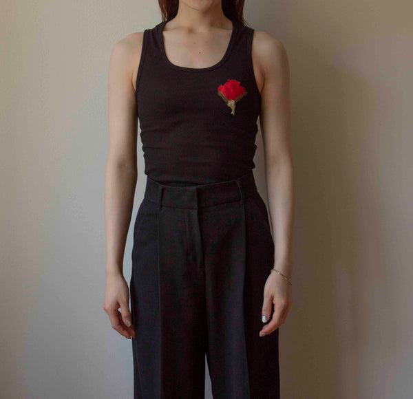 N° 354 womens fitted pressed flower rib tank - sumi black/ume red (made to order)