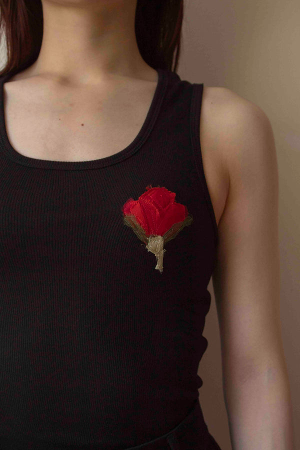 N° 354 womens fitted pressed flower rib tank - sumi black/ume red (made to order)