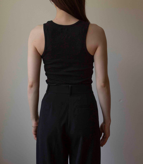 N° 354 womens fitted pressed flower rib tank - sumi black/ame pink (made to order)