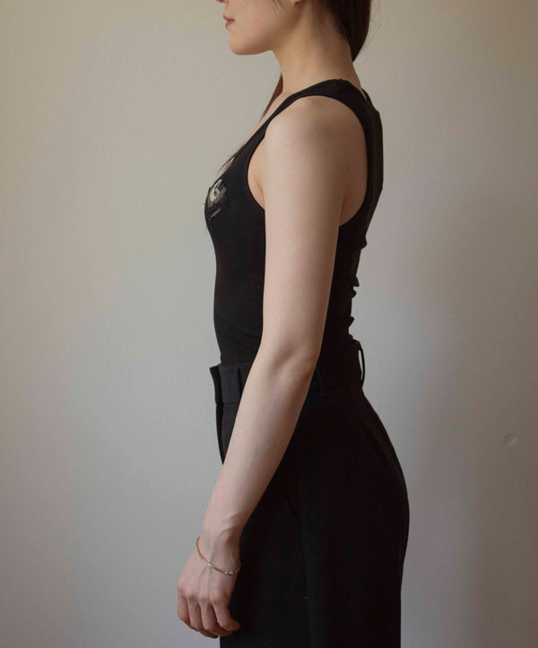 N° 354 womens fitted pressed flower rib tank - sumi black/sumi black (made to order)