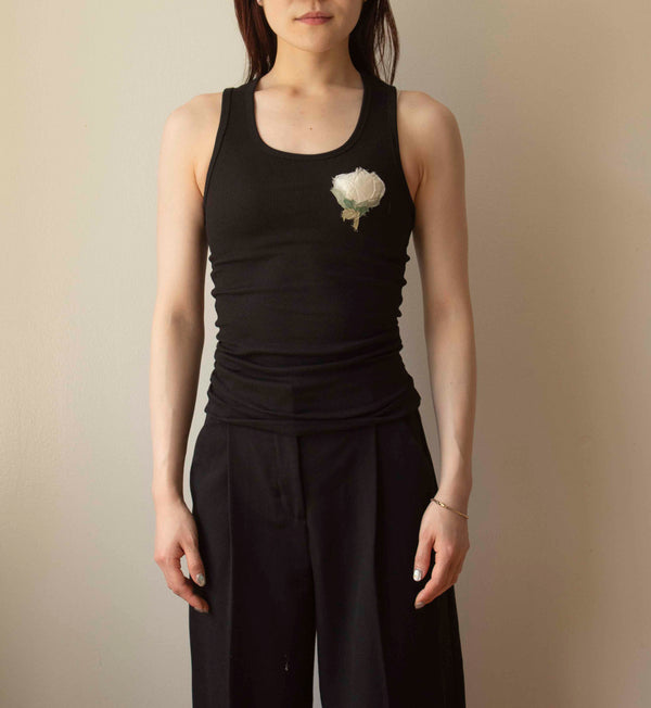 N° 354 womens fitted pressed flower rib tank - sumi black/yuki white (made to order)