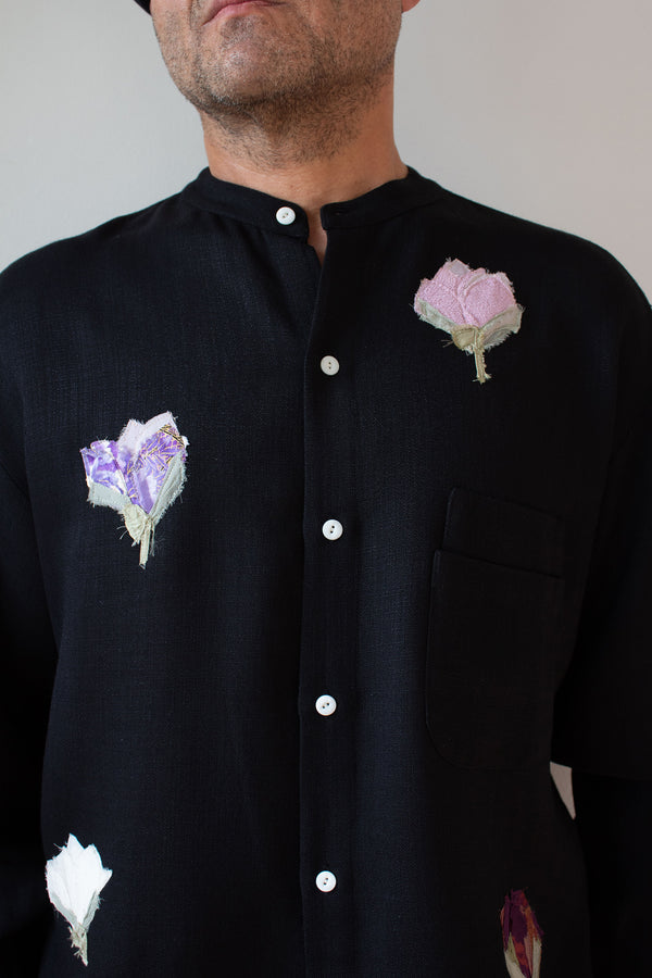 N° 224  banded collar shirt - sumi black/nasu purple