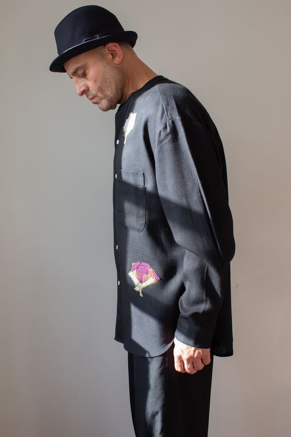 N° 224  banded collar shirt - sumi black/nasu purple
