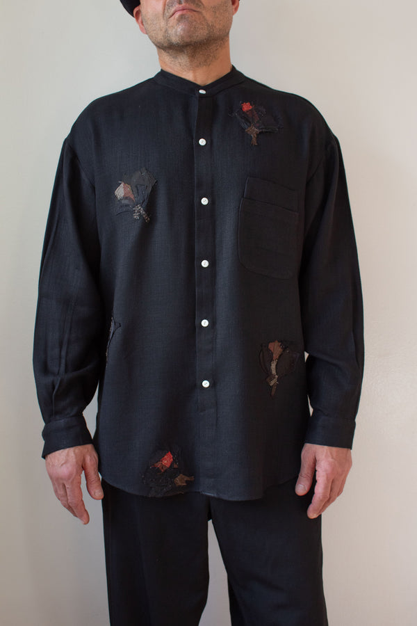 N° 224  banded collar shirt - sumi black/ume red