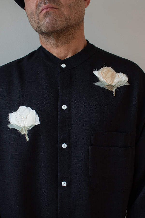 N° 224  banded collar shirt - sumi black/yuki white