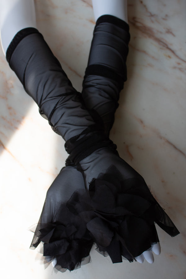 N° 90 blooming flower fingerless gloves- sumi black