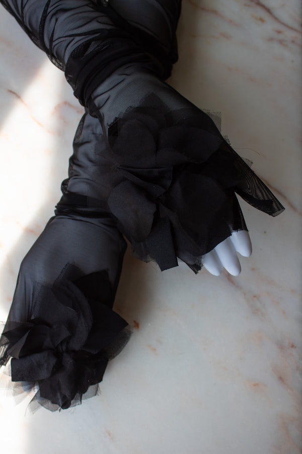 N° 90 blooming flower fingerless gloves- sumi black