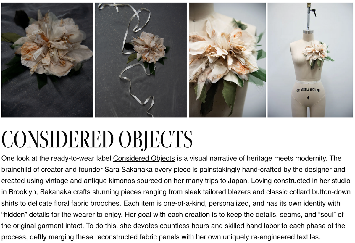 A promotional graphic for the brand Considered Objects, featuring a collage of silk flower accessories, including brooches and necklaces made from vintage silk kimono textiles. 