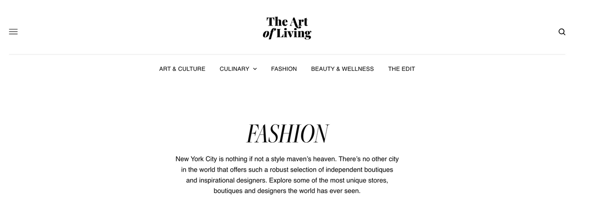 A screenshot of a website homepage for 'The Art of Living' featuring a clean white layout with black text and navigation categories including Art & Culture, Culinary, Fashion, Beauty & Wellness, and The Edit.