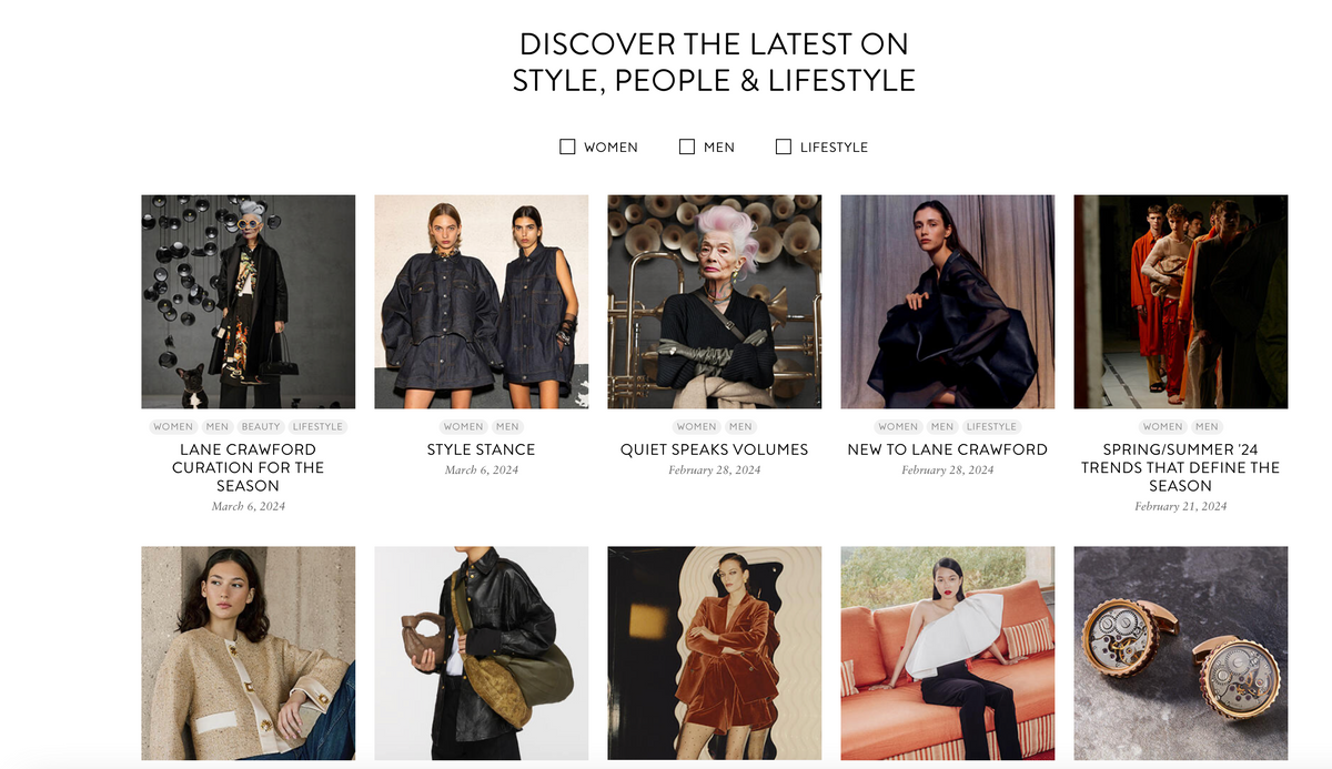 A screenshot of a fashion editorial webpage titled 'DISCOVER THE LATEST ON STYLE, PEOPLE & LIFESTYLE' with checkboxes for Women, Men, and Lifestyle, Lane Crawford campaign featuring Considered Objects.