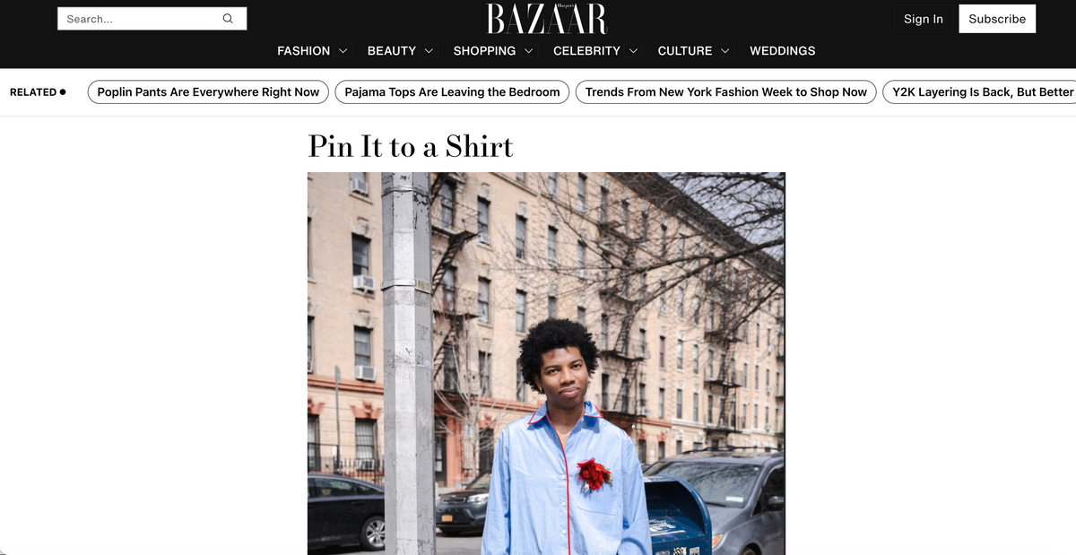 Harper's Bazaar shopping guide listing the Hand-Stitched Silk Flower Brooch