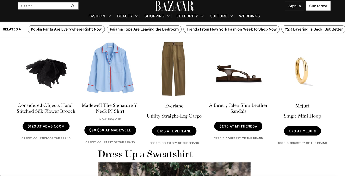 Harper's Bazaar shopping guide listing the Hand-Stitched Silk Flower Brooch