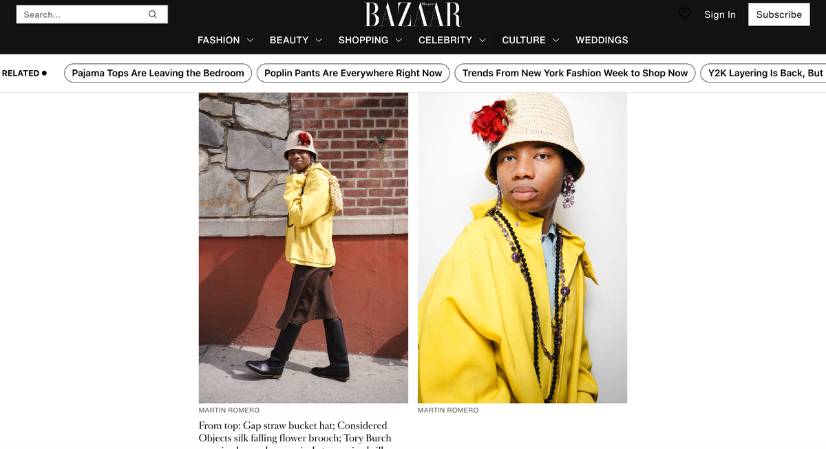 Harper's Bazaar shopping guide listing the Hand-Stitched Silk Flower Brooch
