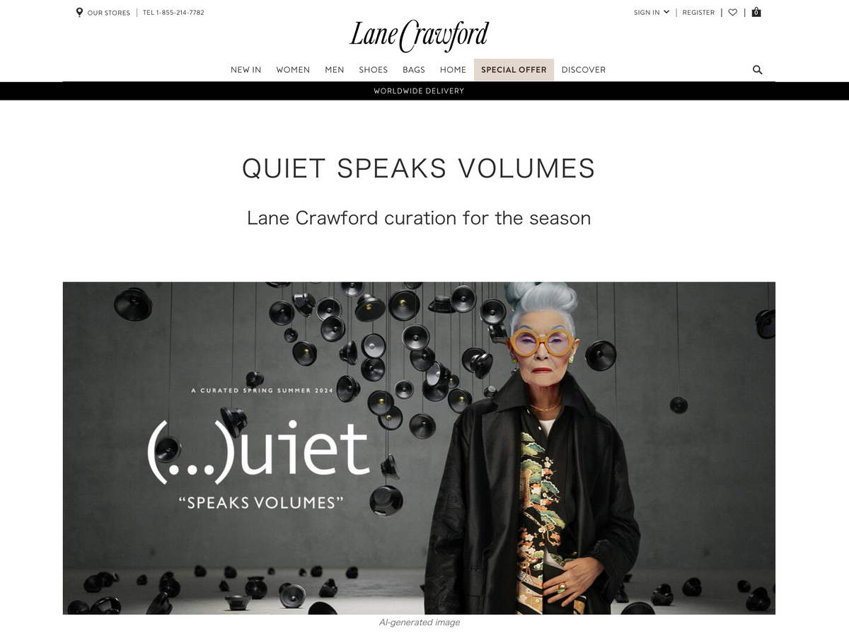 A digital screenshot of the Lane Crawford website featuring a promotional banner for their 'Quiet Speaks Volumes' summer 2023 curated collection, showing an elderly woman in a black coat and patterned top against a dark background with hanging black circular objects.